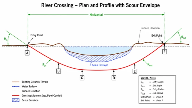 Schematic profile of an HDD river crossing showing entry and exit angles, entry and exit radii, the crossing alignment, and the scour envelope beneath the channel