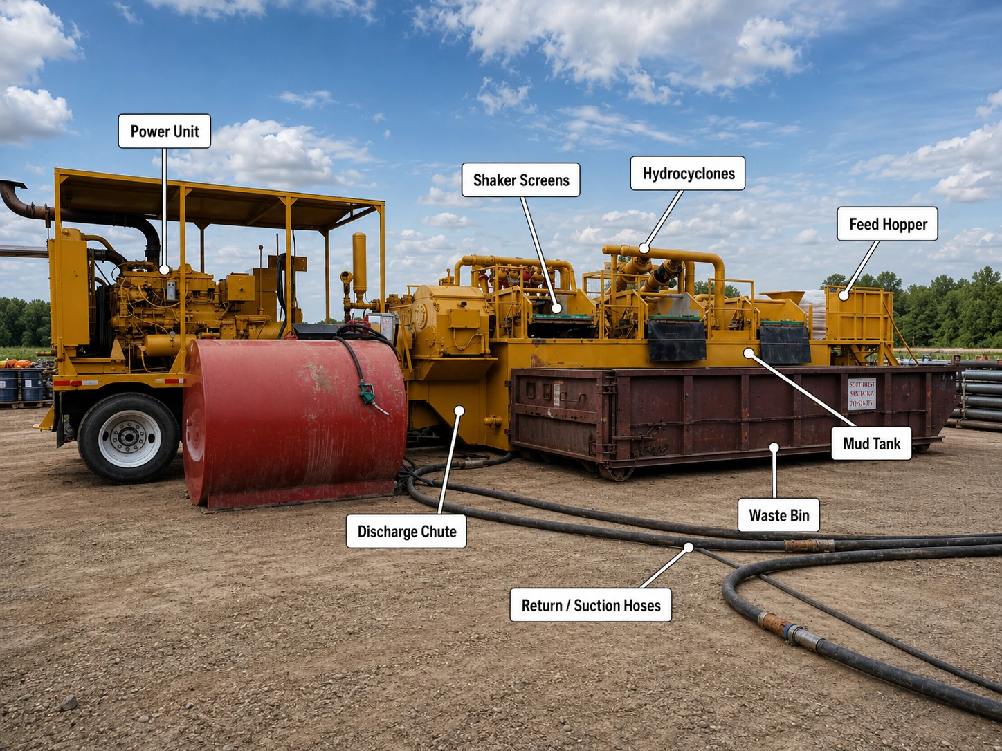 Mud recycling unit on an HDD site with labeled components — power unit, shaker screens, hydrocyclones, feed hopper, mud tank, discharge chute, waste bin, and return/suction hoses