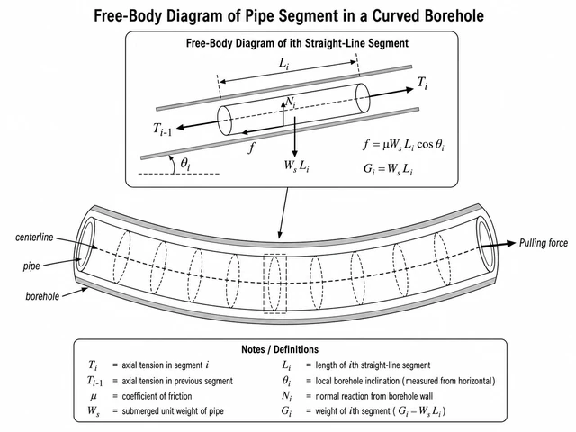 Free-body diagram of a pipe segment in a curved borehole showing axial tension, normal reaction from the borehole wall, frictional drag, and submerged segment weight
