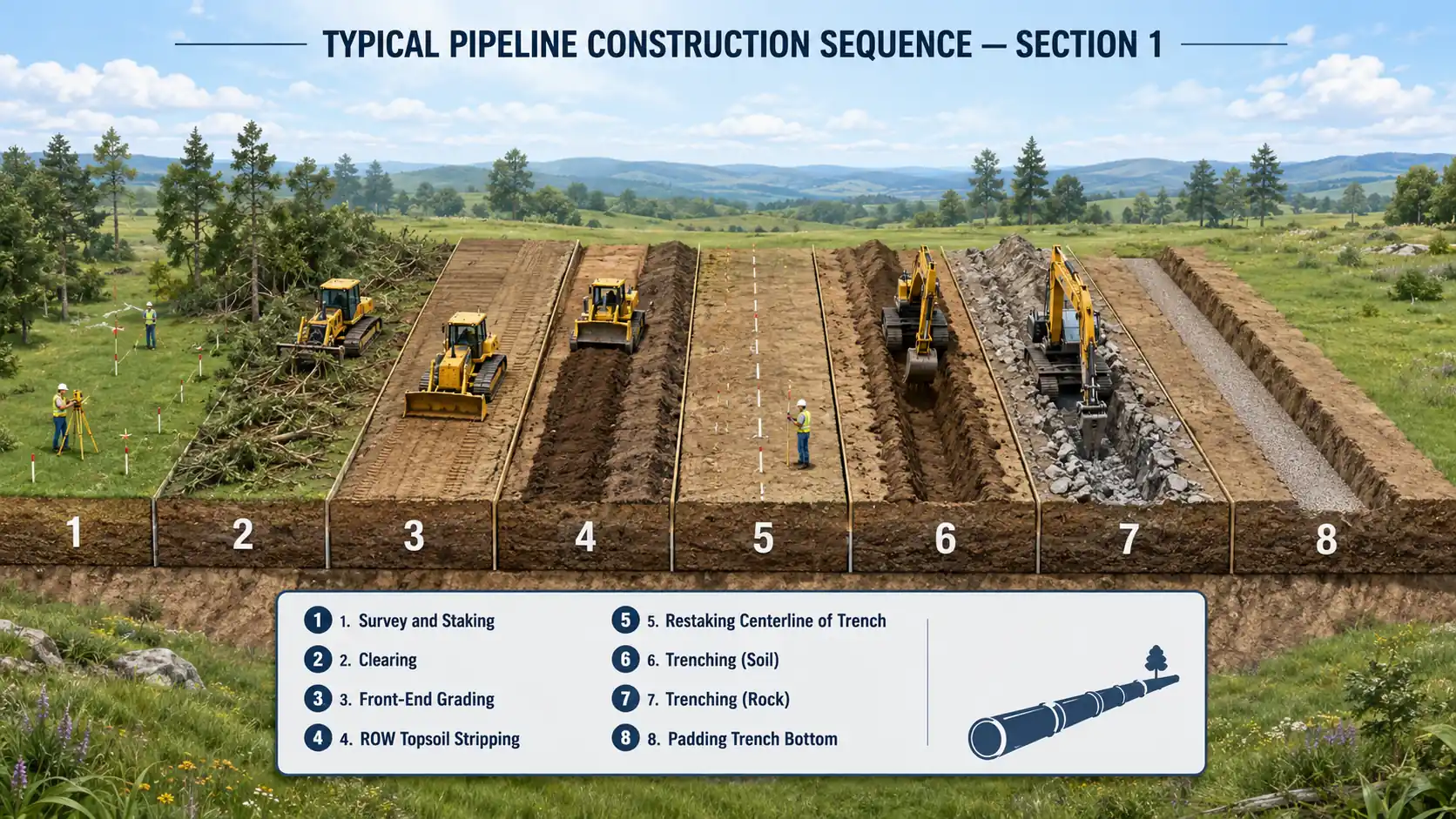 Infographic of typical pipeline construction sequence section 1, steps 1–8 across the right-of-way — survey and staking, clearing, front-end grading, ROW topsoil stripping, restaking the trench centerline, trenching in soil, trenching in rock, and padding the trench bottom