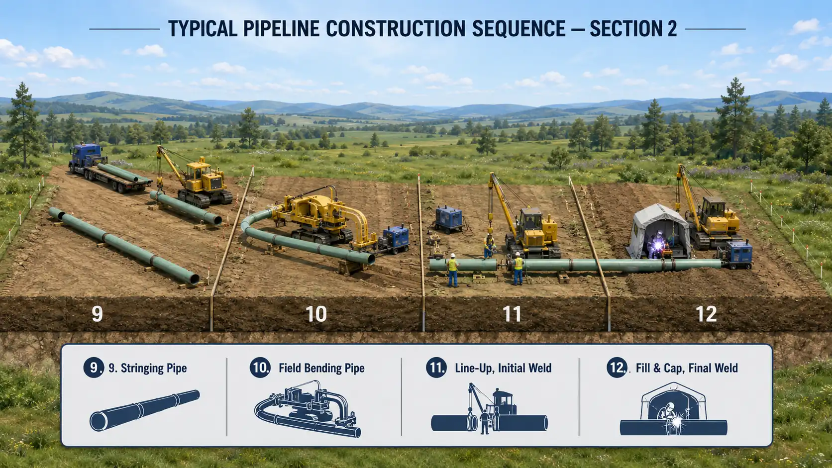 Infographic of typical pipeline construction sequence section 2, steps 9–12 along the right-of-way — stringing pipe joints beside the trench, field bending, line-up and initial weld, and fill and cap final weld inside a welding shelter