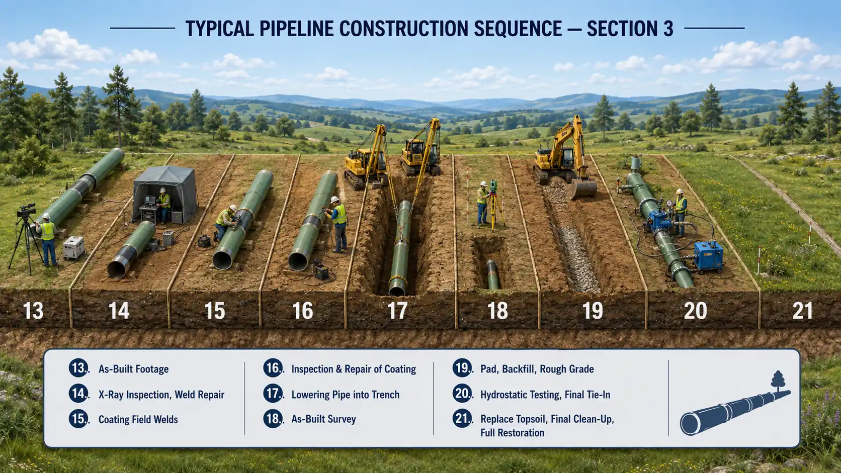 Infographic of typical pipeline construction sequence section 3, steps 13–21 — as-built footage, X-ray inspection and weld repair, coating field welds, coating inspection and repair, lowering pipe into the trench with side-booms, as-built survey, padding and backfill with rough grade, hydrostatic testing and final tie-in, and topsoil replacement with full restoration