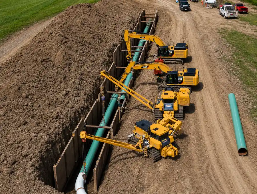 Aerial view of an open-cut pipeline installation — pipelayers and excavators lowering a green-coated pipe string into a trench protected by steel trench shields, with the spoil pile alongside