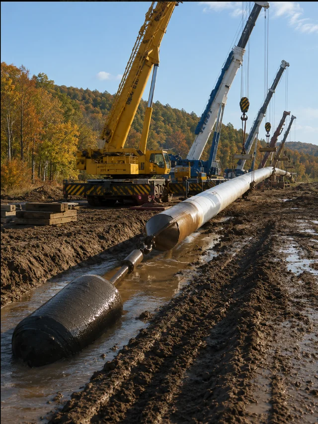 HDD pullback in progress — a coated product pipe held by side-boom cranes as the reamer and swivel pull it into the borehole