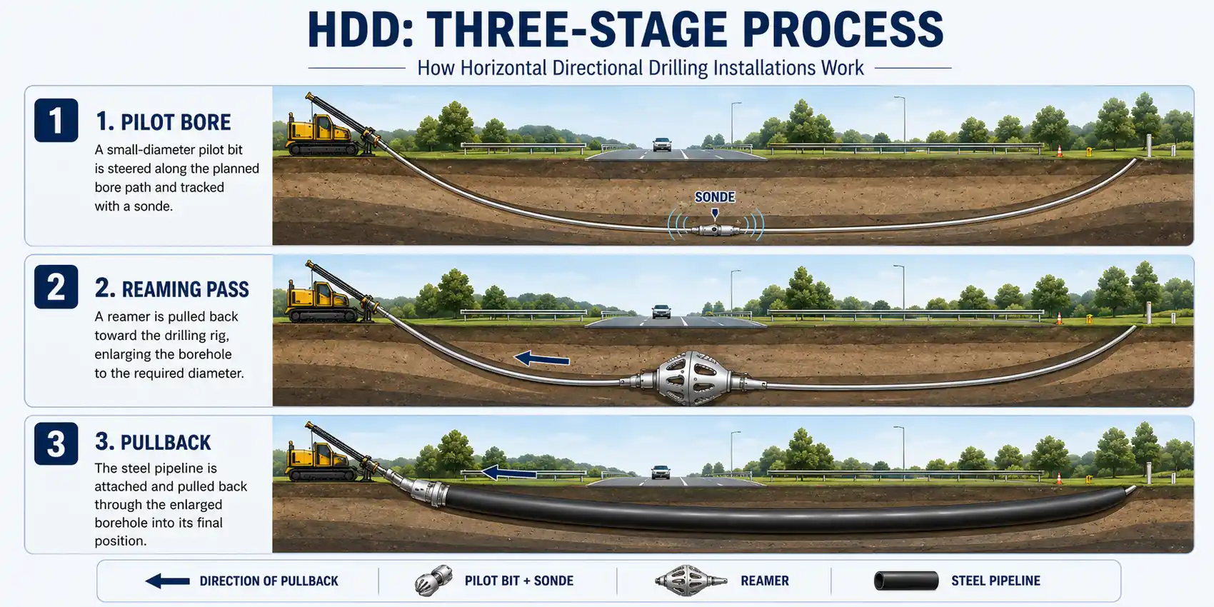 Infographic of the HDD three-stage process under a highway — stage 1 pilot bore with a steerable pilot bit tracked by a sonde, stage 2 reaming pass with a reamer pulled back toward the rig to enlarge the borehole, and stage 3 pullback of the steel pipeline through the enlarged borehole into final position